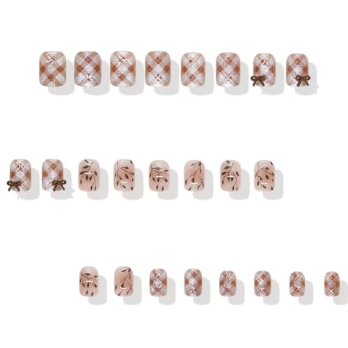 Fall Press on Nails Short Square Fake Nails 3D Bow Cat Eye Checkered Design - color: 25