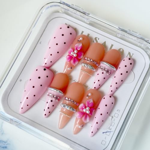French Press On Nails Handmade Almond Long With Flower 10pcs - color: color08