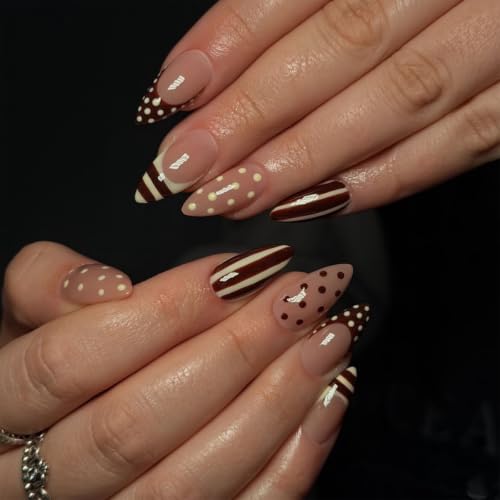 Polka Dot French Tip Press on Nails Medium Almond Brown Stripe Fake Nails - color: style-02