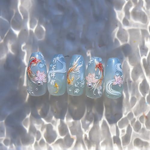 5D Embossed Goldfish Nail Stickers for Nail Art Self-Adhesive Sparkly Koi Fish Nail Design Stickers Koi Lotus Leaf Chinese Style Manicure Decals Spring Flower Nails Art Supplies for Women Decorations - style: 5D Embossed Nail Stickers-9