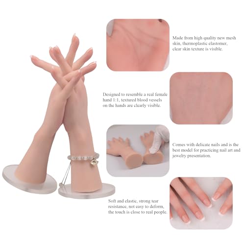 Silicone Realistic Female Hand Acrylic Nails Pratice Training For Nail Art Showing Jewelry Life Size Female Model Flexible Bendable (Left Hand-With Skeleton, Nude) - color: Nude, size: Left Hand-With Skeleton