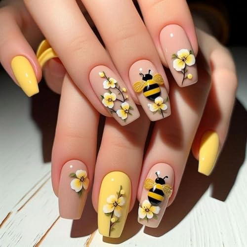 Summer Press on Nail Long Coffin Fake Nails with Floral designs Stick on Nail 3D Bee False Nails Glossy Full Cover Yellow Cute Glue on Nails Reusable Acrylic Press ones for Women Spring Manicure24pcs - color: styles35