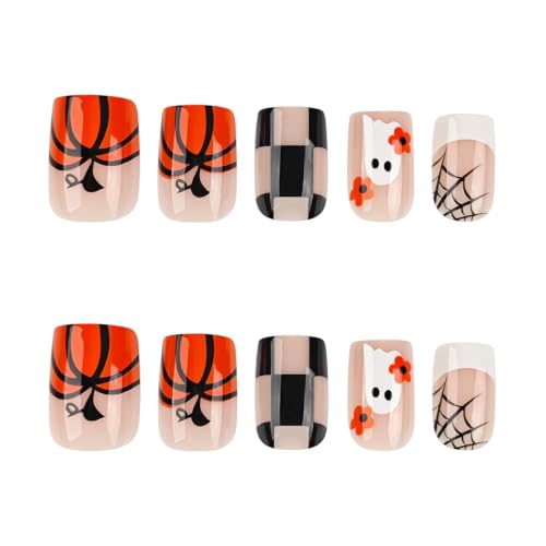 Halloween Press on Nails Short Square - Ghost Pumpkin Spider Web - color: D-68