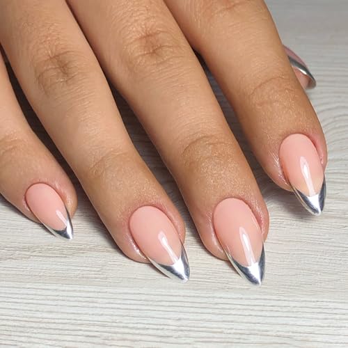 Silver French Tip Press On Nails Medium Almond, Fake Nails French Nails Press ons Acrylic Nails Glue on Nails Medium, Natural Short Almond Nails False Nails for Women in 12 Sizes 24 Pcs - color: almond chrome silver