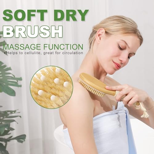 Dry Brushing Body Brush, Natural Boar Bristle Dry Brush, Bamboo Exfoliating Body, Face, Foot, Long Handle Back Scrubber Brush, Meridian Pressure for Lymphatic, Cellulite