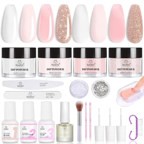 Beetles Dip Powder Nail Kit, 4 Colors Nude White Pink Glitter - color: 0-0-Blush Champagne