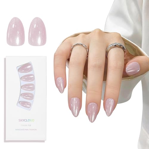 Almond Cat Eyes Press On Nails,12 Sizes - 24 Pcs Soft Gel Light Purple Medium Fake Nails Kit with Nail Glue, Natural Reusable Stick On False Nails for Women and Girls (Skycloud Light Purple) SK0763 - color: SK0763-Light Purple