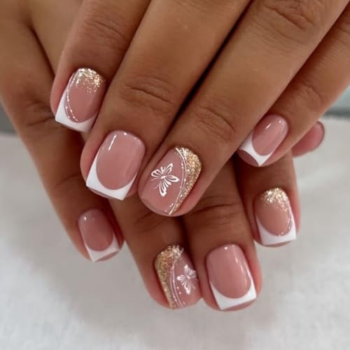 Press On Nails, Nude Pink, Short Square, 24PCS - color: 0118-Nude Butterfly White Edging