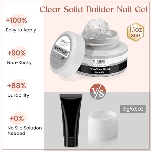 MIZHSE Clear Solid Builder Gel For Nails, 30g Non-Sticky Nail Extension Hard Builder Gel, Nail Strengthen 3D Sculpting Nail Art for Carving Modeling Soak Off Manicure Home - color: 30g Clear