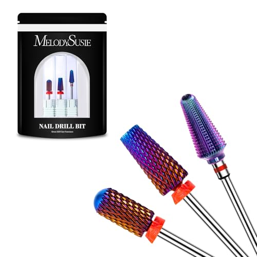MelodySusie 3Pcs Nail Drill Bits Set, 3/32'' Carbide Tungsten Bits, 5 in 1, Smooth Round Top Large Barrel and Tornado Bits, Suitable for Manicure Pedicure Cuticle Gel Acrylic Remover, Purple - size: A Set