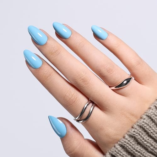 Blue Press On Nails Almond - Blue Almond Fake Nails - color: 5C - Soft Blue