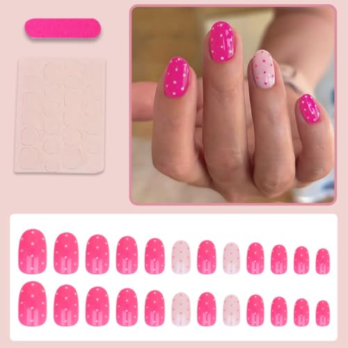 Pink Polka Dot Press On Nails Short Almond Fake Nails Full Cover Stick On - color: BD-Pink-4