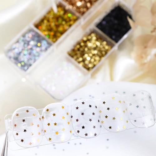1 Box 6 Color Holographic Tiny Star Nail Glitter Laser Gold Nail Sequins 3D Laser Silver Nail Flakes Sparkly Glitter Flakes Shiny Nail Glitter Champagne Nail Sequins Glitter for Nails Art 6 Grids - color: YHN02