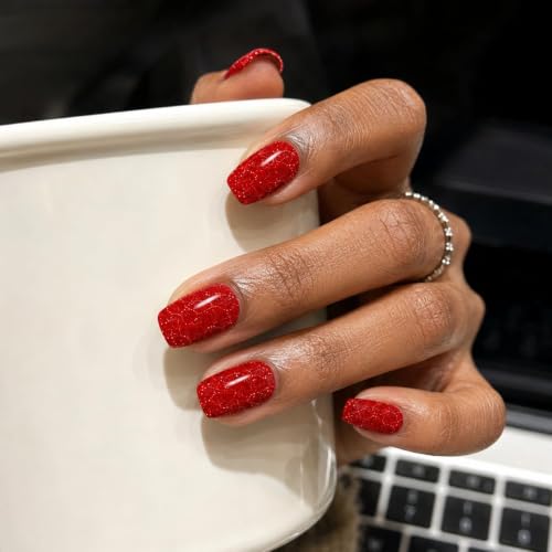 Red Glitter Nail Stickers, 32 Nail Wraps, No UV Lamp, Zero Dry Time - color: Red Glitter