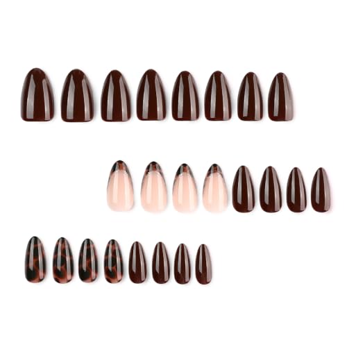 Brown Press on Nails Medium Almond Tortoise Shell Fake Nails - color: style-03