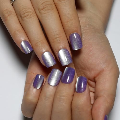 Stbisne Purple Press On Nails Short Lavender Color Cat Eye Square Fake Nail - color: M03-Amethyst Drift