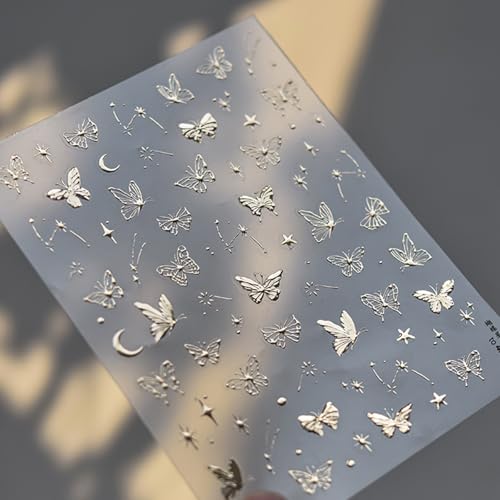 1 Sheet Golden Butterfly 5D Embossed Nail Art Stickers Self-Adhesive Star Moon Nails Decals Spring Summer Butterflies Nail Designs Hot Stamping Butterflies Nail Stickers for DIY Nail Supplies Decor - style: metal butterfly