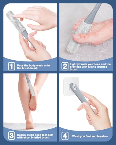 Toe Brush Scrubber & Long Handle Bath Brush with 2 Detachable Brush Heads