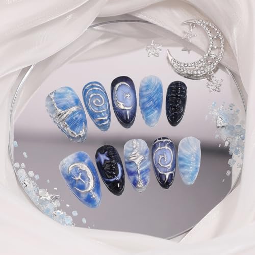 30Pcs Goth Press On Nails Short Almond Fake Nails Y2K Dark Blue Starry Sky Acrylic Nails with 3D Chrome Silver Moon Star Swirl Design Reusable Full Cover Glue on False Nails for Women Manicure - color: special Gothic-16