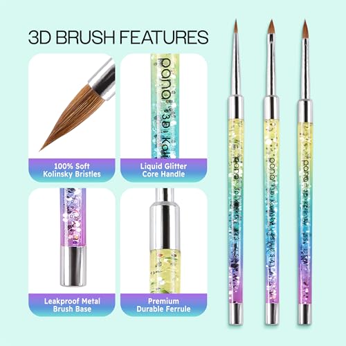 PANA Kolinsky 3D Acrylic Nail Brushes with Liquid Glitter Handle - For Professional Acrylic Powder Liquid Manicure Pedicure (Rainbow Color, Size #5) - style: style 5