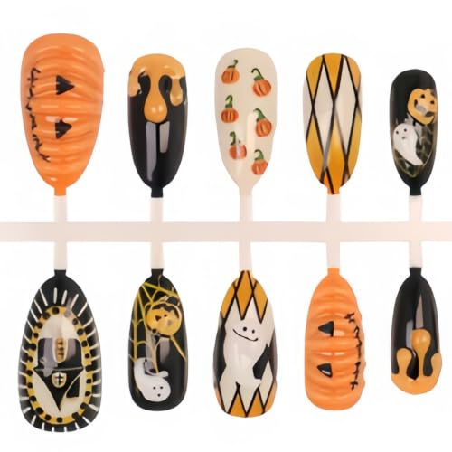 30Pcs Halloween Press on Nails Medium Almond Cute Fake Nails with 3D Ghost Pumpkin Castle Designs False Nails Kit Halloween Acrylic Nail Orange Blood Drop French Full Cover Stick on Nails for Women - color: pumpkin