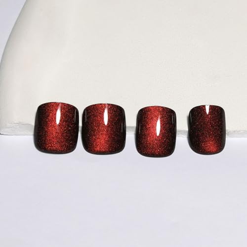 Wine Red Press On Nails Short – Square Cat Eye Fake Nails 30PCS - color: M05-Deep Burgundy Red - Crimson Spell