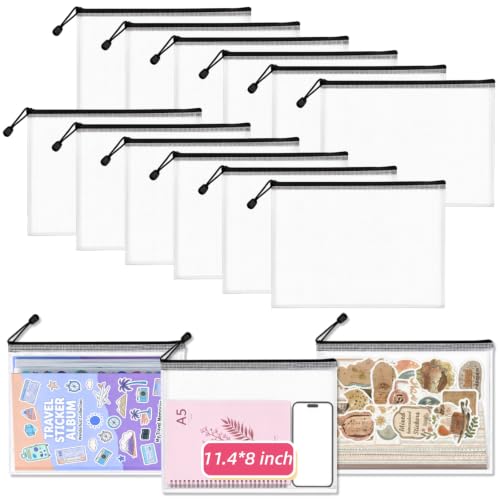 12 Pcs Sticker Storage Organizer Clear Zipper Pouches (11.4×8 Inches) - size: 11.4x8inch