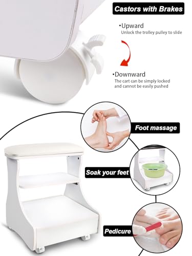 Kalolary Pedicure Foot Rest, Manicure Foot Rest with Wheels PU Leather Home Beauty Footrest Pedicure Foot Stool Stand for Home Salon Use(Whiite) - color: White