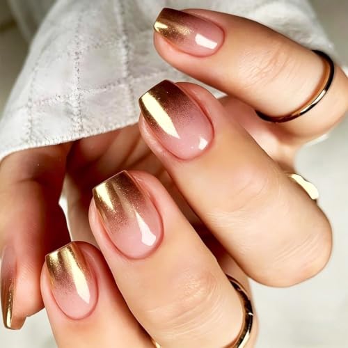 Press on Nails Gold Chrome French Tips Ombre Short Square Fake Nail - color: Gold French