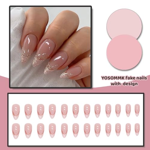 Pink French Tip Acrylic Press on Nails Almond Medium Fake Nails - color: 04-Pink