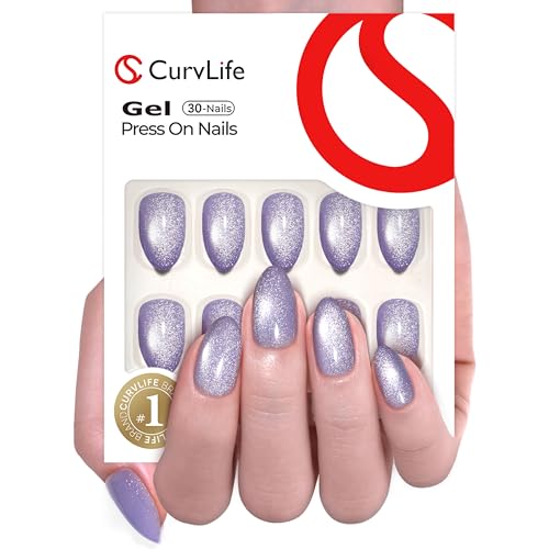 CurvLife Medium Almond Press On Nails, Purple Cat Eye, Soft Gel - color: cat eye
