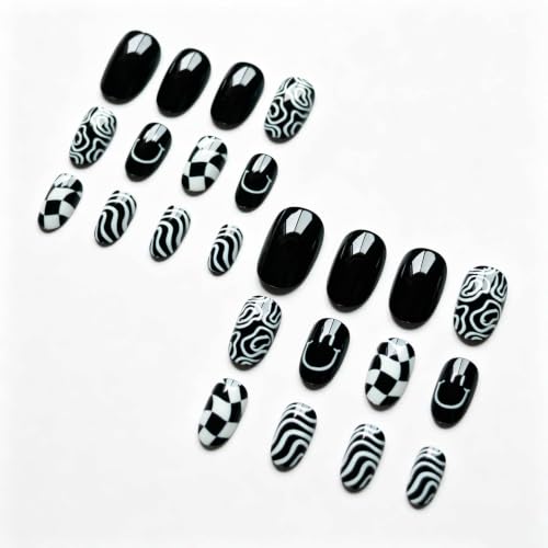 Black & White Press on Nails Short Oval Abstract Fake Nails 24Pcs - color: Color-5