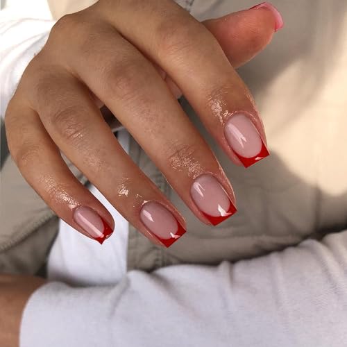 30Pcs Red French Tip Press on Nails Short Square Nails Press ons, Short Fake Nails Coffin Acrylic French Glue on Nail False Nail for Women Natural15 Sizes - color: square red