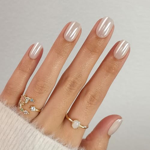 SHANGMENG Halloween Press on Nails, Short Square White Chrome Fake Nails - color: Pearl White