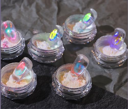 Ice Transparent Aurora Nail Powder Neon Rainbow Holographic Chameleon Powder Multi Chrome Iridescent Pigment Pearlescent Nail Art Glitters (6 Boxes Transparent) - color: 6 Boxes Transparent