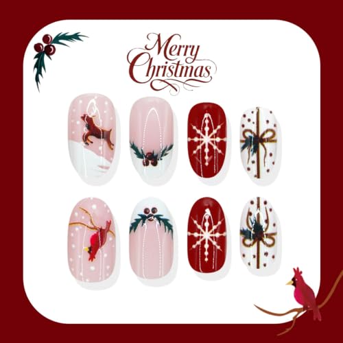 24Pcs Christmas Press on Nails Short Almond Fake Nails Red Green Xmas Nails - color: Winter Christmas Nails-10