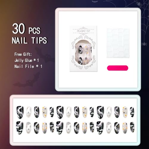 30Pcs Halloween Press On Nails Medium Almond Shape Gothic Fake Nails with 3D Ghost Bat Spider Web Designs Black White Glossy Full Cover False Nails Spooky Halloween Acrylic Nails Set for Women - color: special Halloween-10