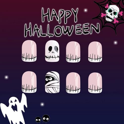 Halloween French Tip Press on Nails Short Square Shaped Fake Nails with Skull Designs Full Cover Acrylic Nails Pink White Glossy False Nails for Women Manicure 24 Pcs - color: Halloween Style 025