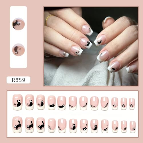 Hallowen Cat Press on Nails Medium Square Shaped French Tip Fake Nails with Cute Cartoon Black Cats and Fish Design Pink Glossy False Nails Full Cover Acrylic Nails for Women - color: Halloween Style 026