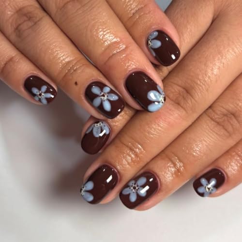 Dark Red Press on Nails Short Square Fake Nails Blue Flower False Nails - color: Style33