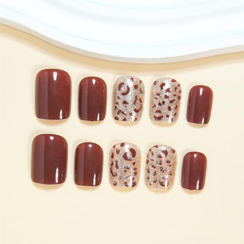 Fall Brown Press On Nails Short Square Fake Nails With Leopard Print Design - color: fallnails21