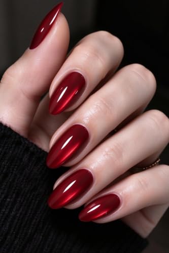 AzureBeauty Short Almond Press On Nails, Ruby Red Cat Eye, 32 Pcs 16 Sizes - color: B1-Ruby Red Cat Eye