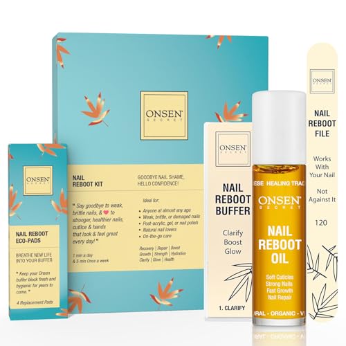 Onsen Secret Nail Care Kit - Includes Cuticle Oil 10ml, Japanese Nail Buffer and Shine Kit - Spa-Quality Manicure - Organic Ingredients - Long-Lasting Shine - Easy & Safe - 1pk