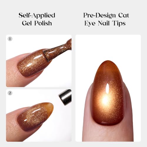 Beetles Brown Cat Eye Press On Nails Short Almond, 96 PCS Nail Tips - color: 0 - Brown CatEye - S