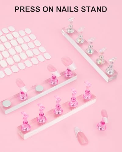 Nail Stand for Press Ons, Nail Holder for Painting Nails, Upgraded Solid Acrylic Magnetic Fake Nail Stands Tips, 3 Nail Holder with Double-sided Tape Practice Nail Art Tools - color: Pink+Clear