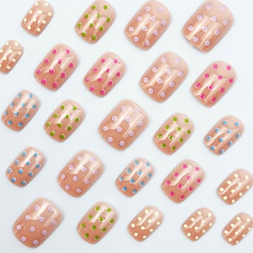 Short Square Press On Nails Colorful Polka Dot Fake Nails Glossy Stick On - color: BD-Colorful-9