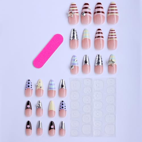 Cute Y2K Press on Nails Medium Almond French Tip Fake Nails 24Pcs - color: style-27