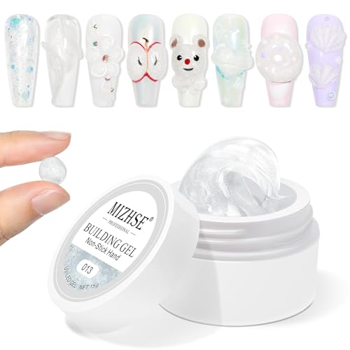 MIZHSE Solid Builder Gel, Aurora White Non-Sticky Hand Sculpting Gel for Nails, Mermaid Pearl 3D Nail Art Building Carving Modeling Hard Extension Soak Off U V LED Manicure Salon Home DIY 15g - color: 15g Aurora White