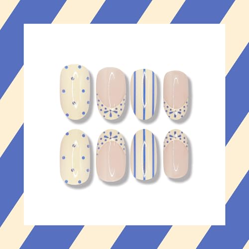 Polka Dot Press On Nails Short Almond Fake Nails French False Nails With Blue Stripe Design Reusable Acrylic Nail Press Ons Glossy Full Cover Glue On Nails For Women Manicure 24Pcs - color: Design-16