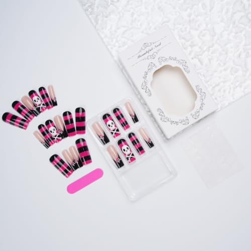 Halloween Long Square Press on Nails Coffin Pink Black Stripe 24Pcs - color: Halloween 2